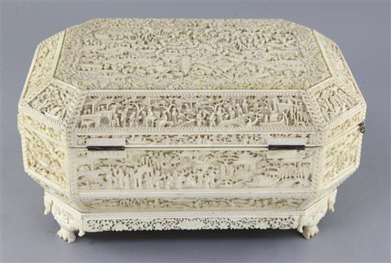 A good and impressive Chinese export ivory sewing casket, 19th century, width 39cm depth 27cm height 18.5cm